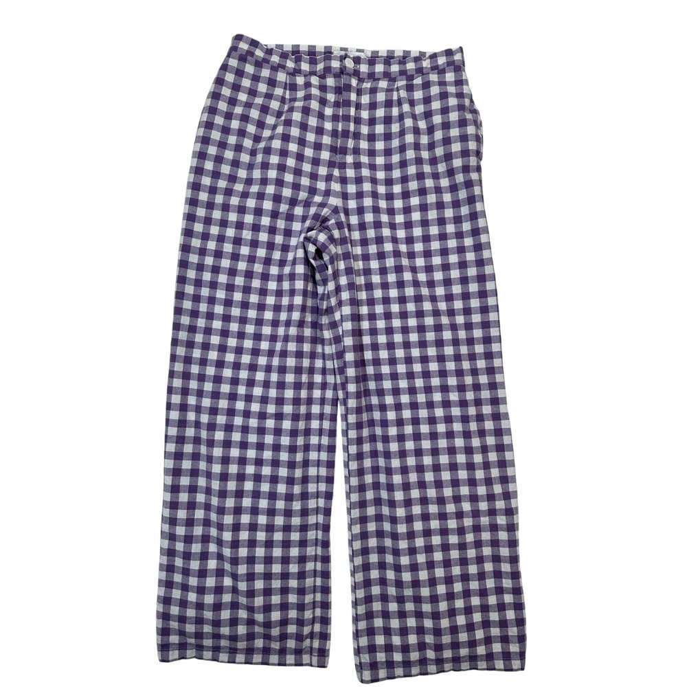 ANTIK BATIK Purple White Polly Gingham Check Wide Leg Linen Blend‎ Pants L 42